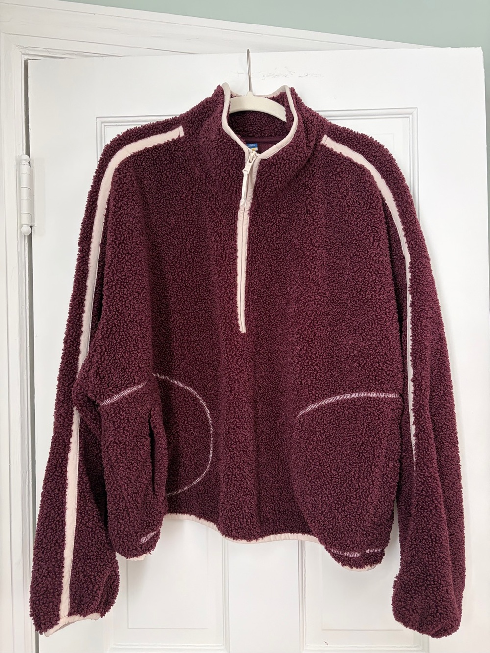 Old Navy Half-Zip Teddy Pullover Sweater - Burgundy with Cream Trim